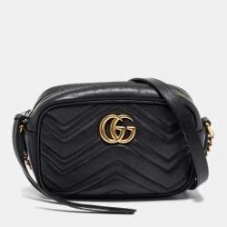 Pre Owned Gucci Black Matelassé Leather Mini GG Marmont Camera Bag
