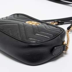 Pre Owned Gucci Black Matelassé Leather Mini GG Marmont Camera Bag