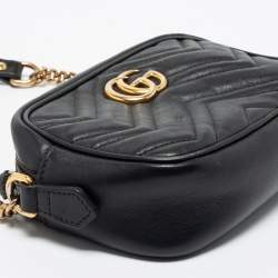 Pre Owned Gucci Black Matelassé Leather Mini GG Marmont Camera Bag