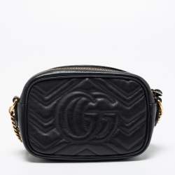 Pre Owned Gucci Black Matelassé Leather Mini GG Marmont Camera Bag