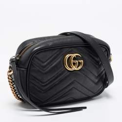 Pre Owned Gucci Black Matelassé Leather Mini GG Marmont Camera Bag