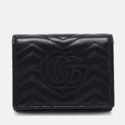 Pre Owned Gucci Black Matelassé Leather GG Marmont Card Case