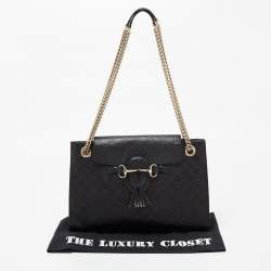 Pre Owned حقيبة كتف غوتشي ايميلي جلد غوتشيسيما أسود بسلسلة كبيرة