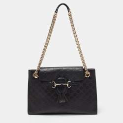 Pre Owned حقيبة كتف غوتشي ايميلي جلد غوتشيسيما أسود بسلسلة كبيرة