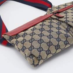 Pre Owned Gucci Beige/Red GG Canvas And Leather Double Pocket Belt Bag