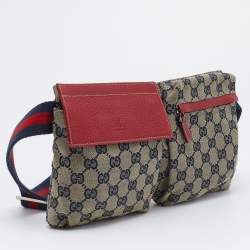 Pre Owned Gucci Beige/Red GG Canvas And Leather Double Pocket Belt Bag