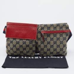 Pre Owned Gucci Beige/Red GG Canvas And Leather Double Pocket Belt Bag