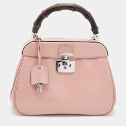 Pre Owned Gucci Pink Leather Lady Lock Bamboo Top Handle Bag