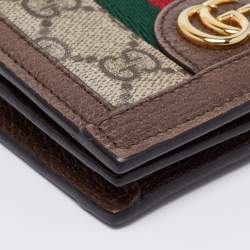 Pre Owned Gucci Brown GG Supreme Canvas and Leather Web Ophidia Card Case Wallet