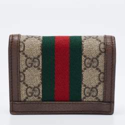 Pre Owned Gucci Brown GG Supreme Canvas and Leather Web Ophidia Card Case Wallet