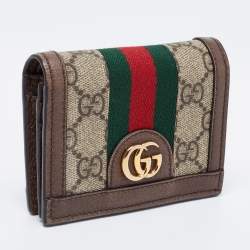 Pre Owned Gucci Brown GG Supreme Canvas and Leather Web Ophidia Card Case Wallet