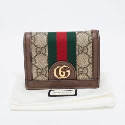 Pre Owned Gucci Brown GG Supreme Canvas and Leather Web Ophidia Card Case Wallet
