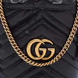 Pre Owned Gucci Black Matelassé Leather Mini GG Marmont Bucket Bag      