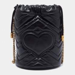 Pre Owned Gucci Black Matelassé Leather Mini GG Marmont Bucket Bag      
