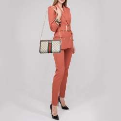Pre Owned Gucci Beige/Ebony GG Supreme Canvas and Leather Small Ophidia Shoulder Bag