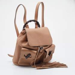 Pre Owned Gucci Beige Leather Tassel Bamboo Backpack