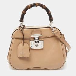 Pre Owned Gucci Beige Glossy Leather Mini Lady Lock Bamboo Top Handle Bag