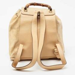 Pre Owned Gucci Beige Suede and Leather Bamboo Drawstring Backpack