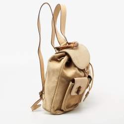 Pre Owned Gucci Beige Suede and Leather Bamboo Drawstring Backpack