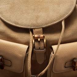 Pre Owned Gucci Beige Suede and Leather Bamboo Drawstring Backpack