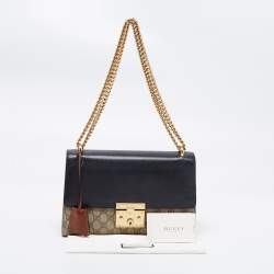 Pre Owned Gucci Beige/Black GG Supreme Canvas and Leather Medium Padlock Shoulder Bag
