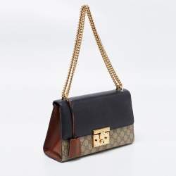 Pre Owned Gucci Beige/Black GG Supreme Canvas and Leather Medium Padlock Shoulder Bag