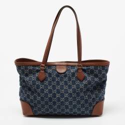 Pre Owned Gucci Blue/Brown GG Denim And Leather Medium Ophidia Tote