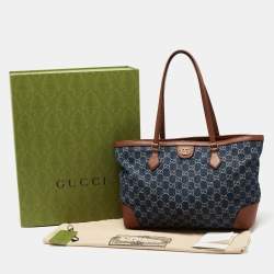 Pre Owned Gucci Blue/Brown GG Denim And Leather Medium Ophidia Tote