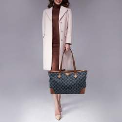 Pre Owned Gucci Blue/Brown GG Denim And Leather Medium Ophidia Tote
