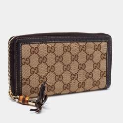مملوكة مسبقًا محفظة غوتشي جلد وكانفاس جي جي بني/بيج مزينة بامبو بسحاب ملتف