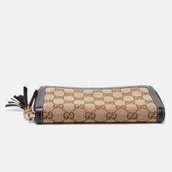 مملوكة مسبقًا محفظة غوتشي جلد وكانفاس جي جي بني/بيج مزينة بامبو بسحاب ملتف