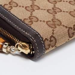 مملوكة مسبقًا محفظة غوتشي جلد وكانفاس جي جي بني/بيج مزينة بامبو بسحاب ملتف