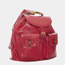 Pre Owned Gucci Red Leather Bamboo Backpack