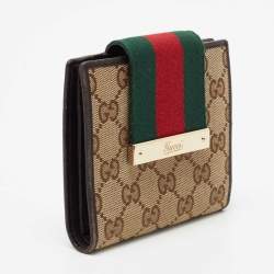 Pre Owned Gucci Beige/Brown GG Canvas and Leather Web Flap French Wallet