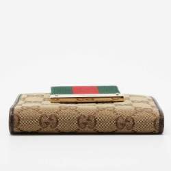 Pre Owned Gucci Beige/Brown GG Canvas and Leather Web Flap French Wallet