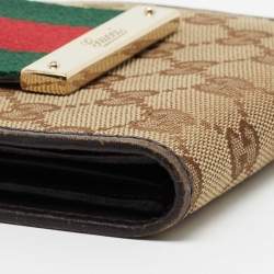 Pre Owned Gucci Beige/Brown GG Canvas and Leather Web Flap French Wallet