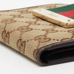 Pre Owned Gucci Beige/Brown GG Canvas and Leather Web Flap French Wallet