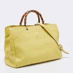 Pre Owned Gucci Yellow Lime Leather Large Bamboo Handle Shopper Tote  