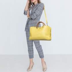 Pre Owned Gucci Yellow Lime Leather Large Bamboo Handle Shopper Tote  