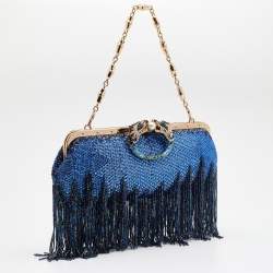 Pre Owned Gucci Blue/Purple Crystal and Satin Fringe Dragon Embellished Evening Bag