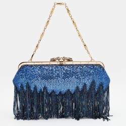Pre Owned Gucci Blue/Purple Crystal and Satin Fringe Dragon Embellished Evening Bag