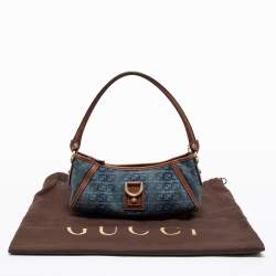 Pre Owned Gucci Blue/Brown Interlocking G Denim and Leather Abbey D-Ring Baguette