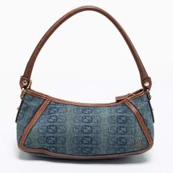 Pre Owned Gucci Blue/Brown Interlocking G Denim and Leather Abbey D-Ring Baguette