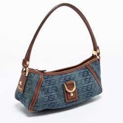 Pre Owned Gucci Blue/Brown Interlocking G Denim and Leather Abbey D-Ring Baguette