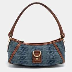 Pre Owned Gucci Blue/Brown Interlocking G Denim and Leather Abbey D-Ring Baguette
