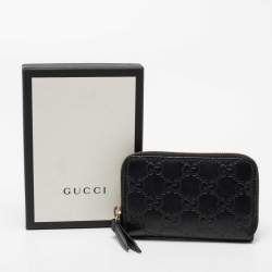 Pre Owned Gucci Black Guccissima Leather Zip Card Case