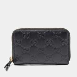 Pre Owned Gucci Black Guccissima Leather Zip Card Case