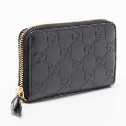 Pre Owned Gucci Black Guccissima Leather Zip Card Case