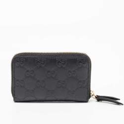 Pre Owned Gucci Black Guccissima Leather Zip Card Case