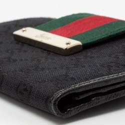 Pre Owned محفظة كونتينينتال غوتشي جلد وكانفاس جي جي أسود قلاب شريط ويب